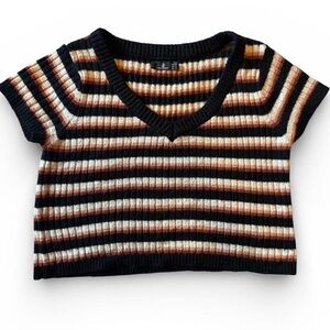 Volcom Striped Ribbed Knit Short Sleeve Sweater Top Black Brown Cream Womens L